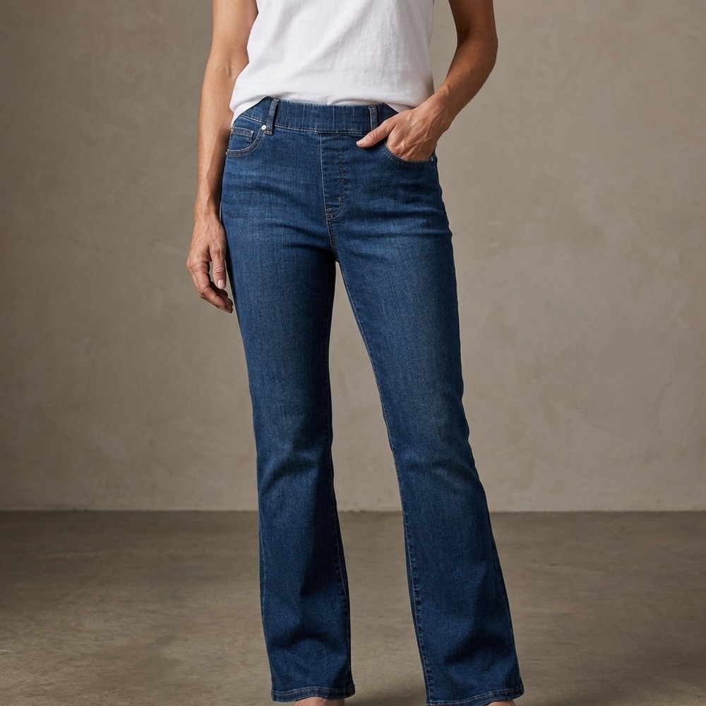 QUINCE Women Nina Pull On Stretch Kick Flare Jeans L Nocturne Blue Cotton Chic